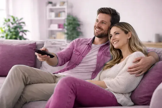 A family watching GofluxTV on the living-room television