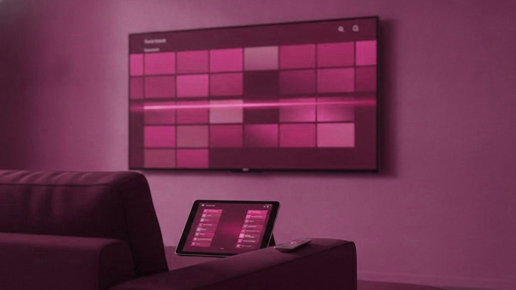 A television showing a channel guide grid, with a tablet and a phone listing channels on the sofa beside it