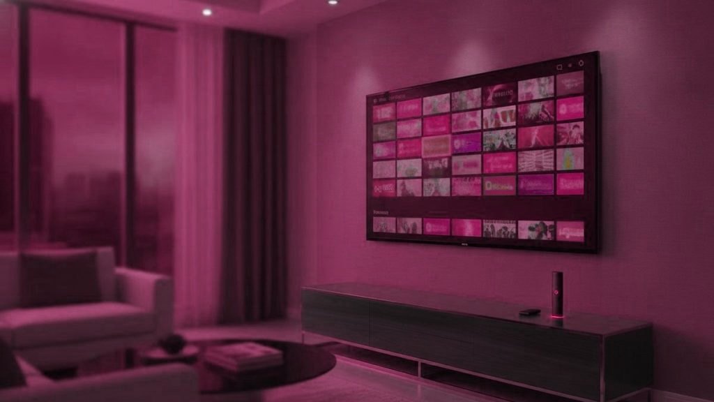 A living room television displaying an IPTV channel guide, with a streaming stick resting on the console below