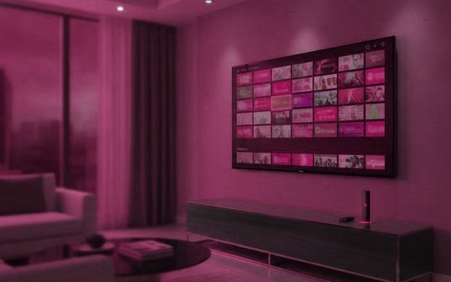 A living room television displaying an IPTV channel guide, with a streaming stick resting on the console below